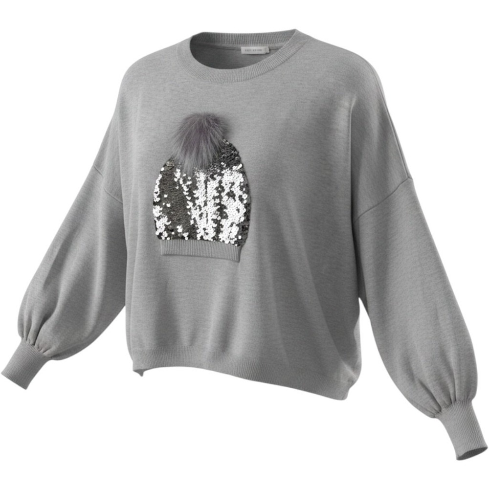 Vinizbena Grey Italy Knit Sequin Beanie PomPom Lantern Sleeve Sweater Medium NWT